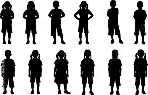 Set of silhouette kids standing in different poses isolated on white background group of children boys and girls vector illustration