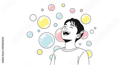 Joyful Young Person Laughing Surrounded by Colorful Bubbles