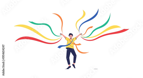 Man Celebrating with Colorful Ribbons Flying