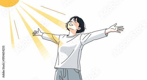 Young woman with arms outstretched embracing warm sunlight, feeling happy