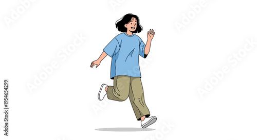 Joyful young woman in casual clothes running and waving, isolated on white background
