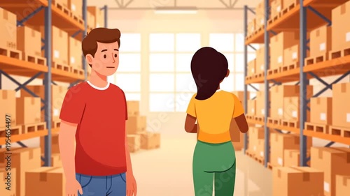 Two Warehouse Workers Exchange Box During Inventory Handover.