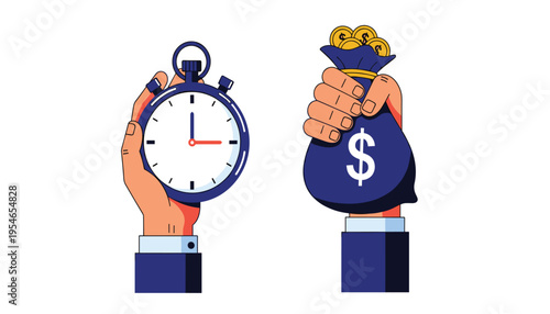 Time is money concept with hand holding clock and money bag