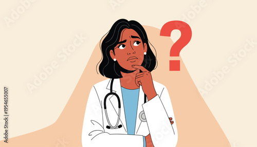 A female doctor with a thoughtful expression and a question mark