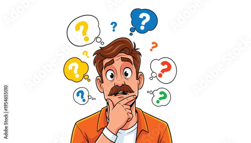 A cartoon man with a puzzled expression and multiple question marks floating above his head symbolizing confusion and inquiry
