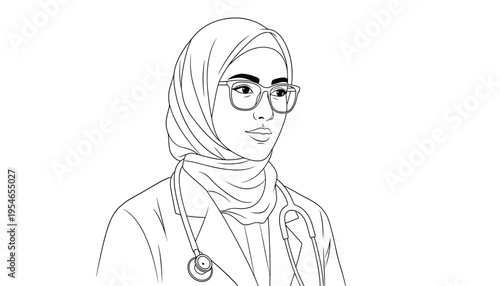 A female doctor wearing a hijab and glasses with a stethoscope around her neck