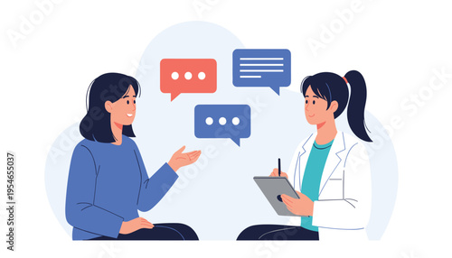 A female patient discussing her health with a doctor in a clinical setting with speech bubbles indicating conversation
