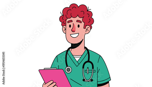 A cartoon illustration of a smiling red haired doctor in green scrubs holding a pink clipboard with a stethoscope around his neck