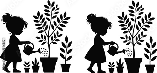 Child silhouette illustration featuring watering potted plants in garden scene, symbolizing growth, care, and responsibility, perfect for nature, education, and decorative projects