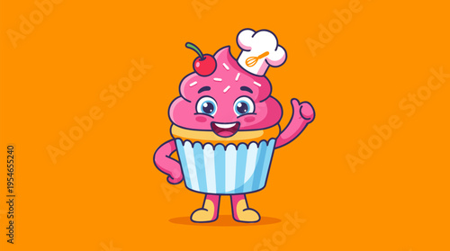 Cute cartoon cupcake character with pink frosting, sprinkles, a cherry, and a chef's hat giving a thumbs-up gesture on an orange background.