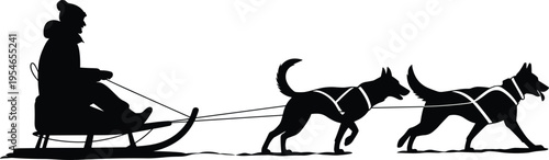 Dog sled silhouette illustration featuring rider with two harnessed dogs in motion, symbolizing Arctic travel, winter sport, and adventure, perfect for design projects