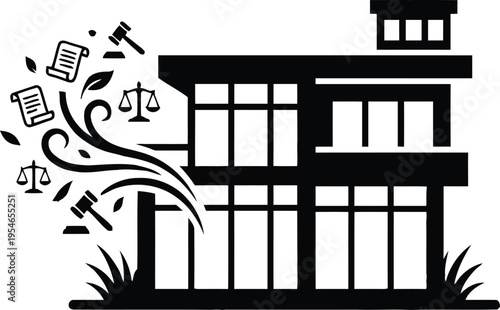 Courtroom illustration with symbols of justice and legal documents.