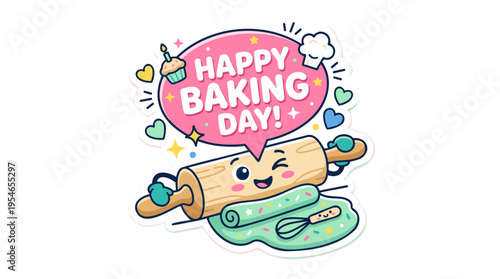 Cute cartoon rolling pin with a 'Happy Baking Day!' speech bubble, surrounded by baking tools, hearts, and stars, on a white background.