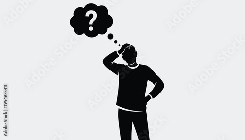 A man in a thoughtful pose with a question mark in a thought bubble