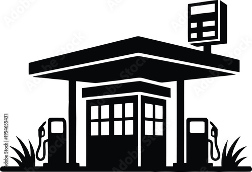 Classic black and white illustration of a gas station with two pumps and a canopy.