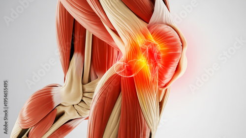 Detailed anatomical illustration of the human knee joint, highlighting the muscles, bones, and ligaments with a painful flare-up indicated by bright red inflammation