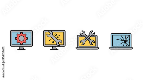 A colorful set of line art icons depicting computer maintenance, repair, and a broken laptop screen.