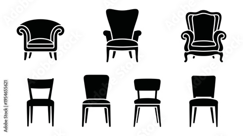 A diverse collection of seven elegant black silhouette icons depicting various chair styles.