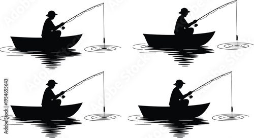 Fishing silhouette illustration featuring person in boat casting rod with bobber and water ripples, symbolizing leisure, sport, and nature, perfect for outdoor projects