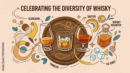 An illustrative guide celebrating the diversity of whisky, showcasing different types of glasses like Glencairn, Tumbler, and Snifter, alongside a whisky decanter and ice cubes.