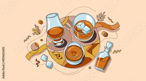 Stylized illustration of whiskey glasses, decanter, and ice cubes on a decorative background with autumn leaves and abstract shapes.