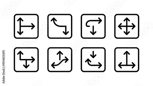 A collection of diverse black arrow icons, indicating direction, movement, and resizing in user interfaces.