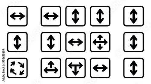 A comprehensive grid of black arrow icons, ideal for indicating direction, resizing, and user interaction.