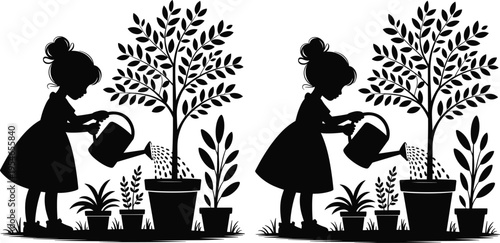 Girl silhouette illustration featuring watering plants in potted garden scenes, perfect for nature, gardening, education, decorative, and design projects