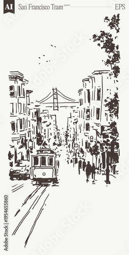 San Francisco Tram Golden Gate Background Sketch Art