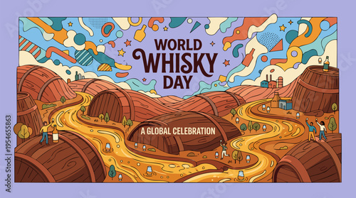 Whimsical illustration celebrating World Whisky Day with flowing rivers of amber liquid, large barrels, and tiny figures in a vibrant, stylized landscape.