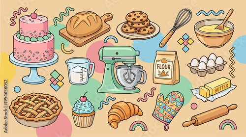 A vibrant collection of baking ingredients, tools, and finished baked goods like cake, pie, cookies, and bread, in a cheerful cartoon style.