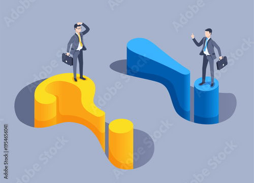 isometric vector illustration on gray background, men in business suits with briefcase standing on question and exclamation marks