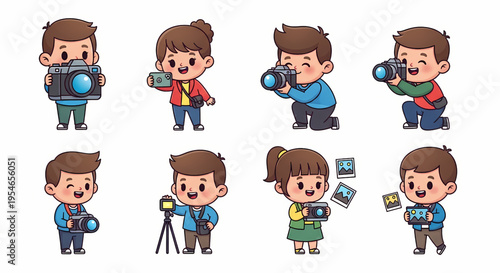 Cute Kawaii Photography Characters – 8 Creative Photographer Cartoon Vector Set