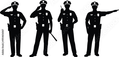 Police officer silhouette icon set featuring saluting, baton, radio communication, and pointing gestures, perfect for law enforcement, security, and design projects