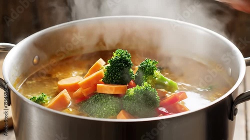 Vibrant Vegetable Soup Being Prepared With Fresh Broccoli Carrots.