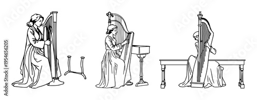 Harpsichordist set with continuous line illustration depicting a Baroque musician playing a harpsichord featuring minimalist thin line, white background, music, illustration with instrument