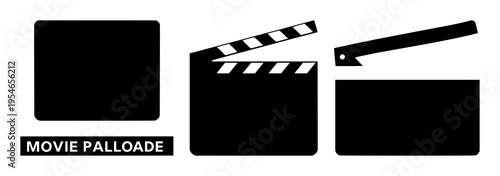 Movie clapperboards set with silhouette graphics featuring film, cinema, photography with blocky lines and black outlines