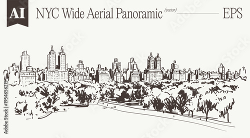 Central Park NYC Wide Aerial Panoramic West Skyline Elegant Sketch