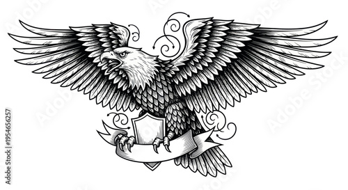 Eagle Crest Emblem with Scrollwork - Majestic Bird of Prey Illustration