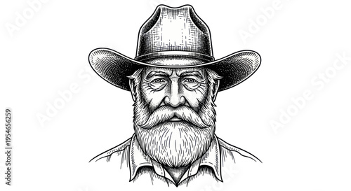 Hand-drawn illustration of a rugged, bearded cowboy with a wide-brimmed hat.
