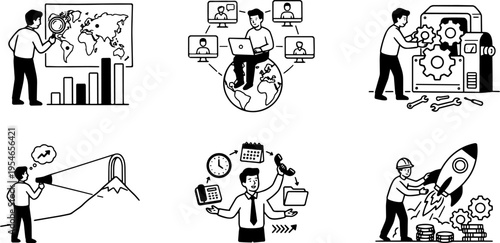 Line art vector set of business concepts including remote work, vision and startup launch