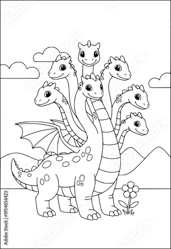 Hydra illustration featuring a friendly multiheaded beast in a scenic landscape