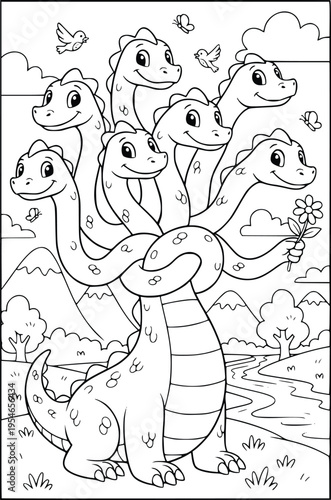  Dragon coloring page for kids with a seven headed mythical hydra beast