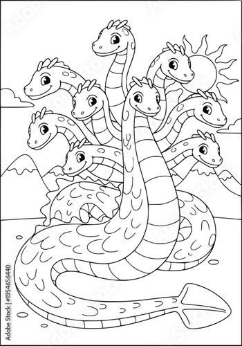 Dragon coloring page for kids featuring a seven headed mythical hydra beast