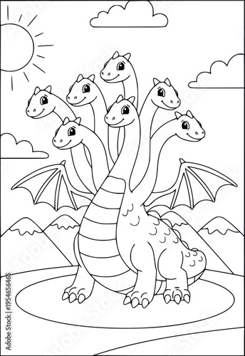 Dragon coloring page for kids featuring a seven headed winged hydra beast