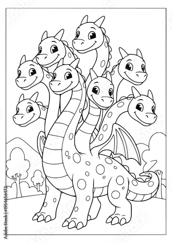Dragon coloring page for kids with a seven headed winged hydra monster
