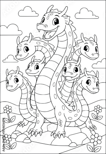 Dragon coloring page for kids showing a nine headed mythical hydra monster