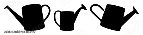 Watering can silhouette set with monochrome outline design featuring gardening, agriculture, irrigation with botany and horticulture