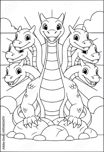 Dragon coloring page for kids featuring a six headed mythical hydra beast