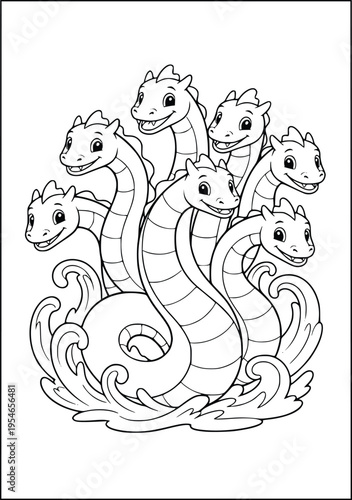 Dragon coloring page for kids showing a seven headed mythical hydra monster